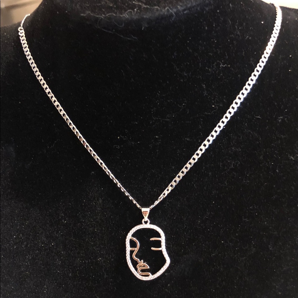Silver-tone Abstract Face Pendant Necklace